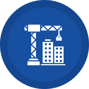Crane building skyscrapers on blue background.