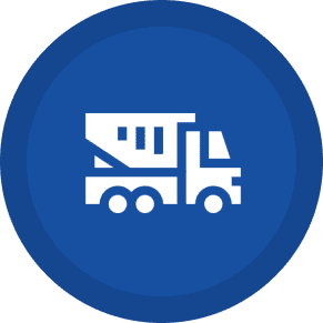 White cement truck icon on blue circle.