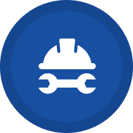 Hard hat and wrench icon on blue.