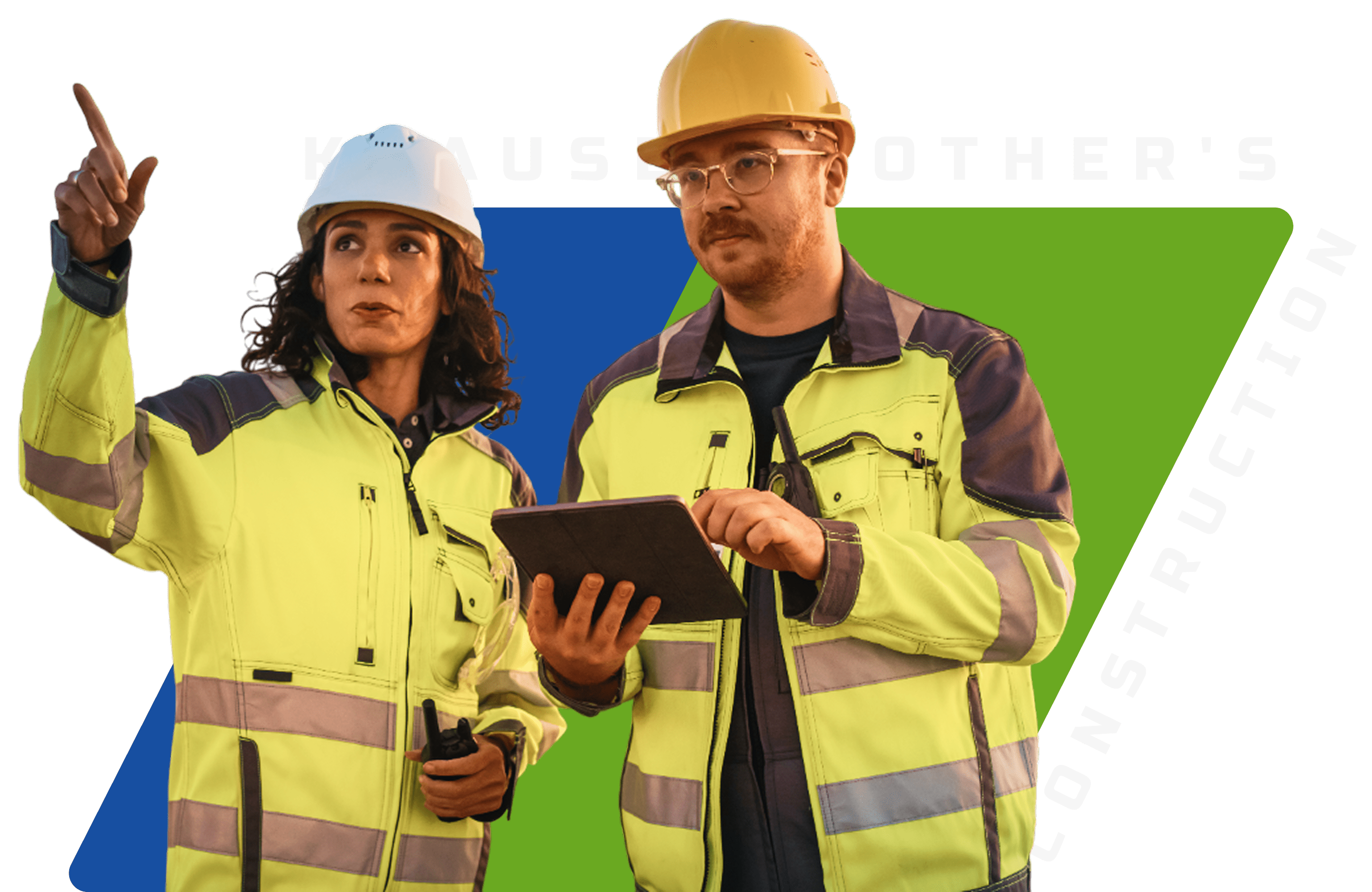 Construction workers discussing plans with tablet.